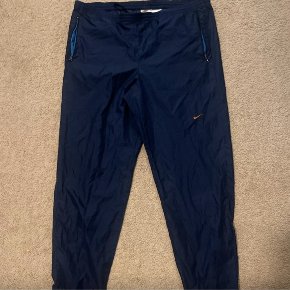 Nike Vintage Blue Windbreaker Pants W Orange Swoosh & Zippered Bottom Men’s Sz M